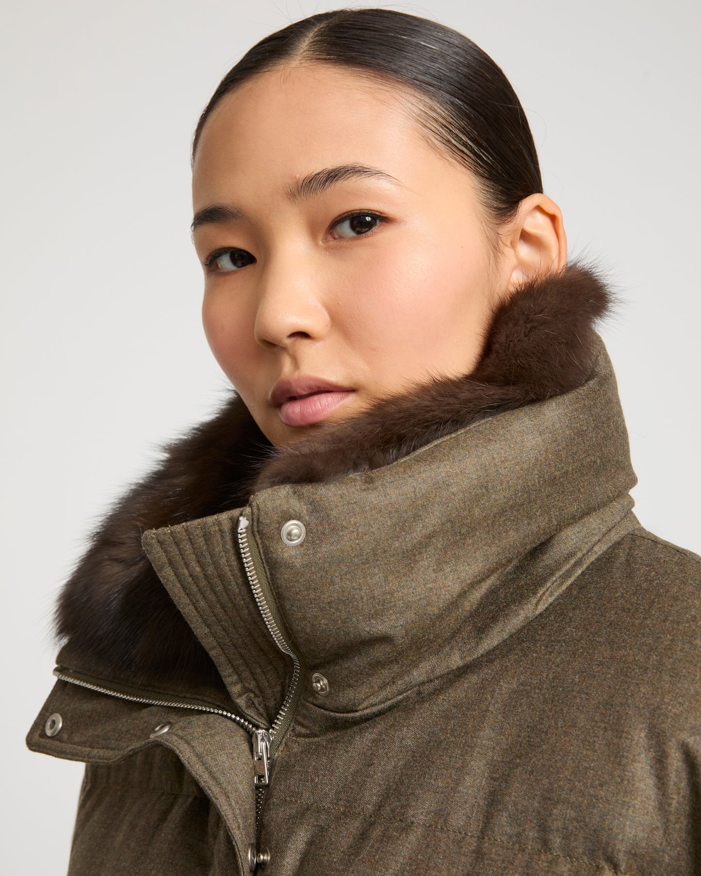 Short down jacket made with Loro Piana flannel and sable fur -Yves Salomon