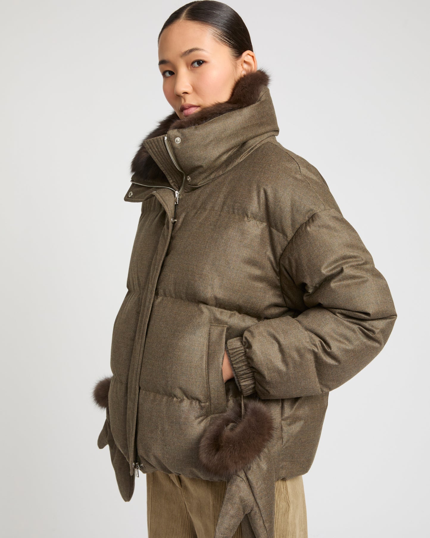Short down jacket made with Loro Piana flannel and sable fur -Yves Salomon