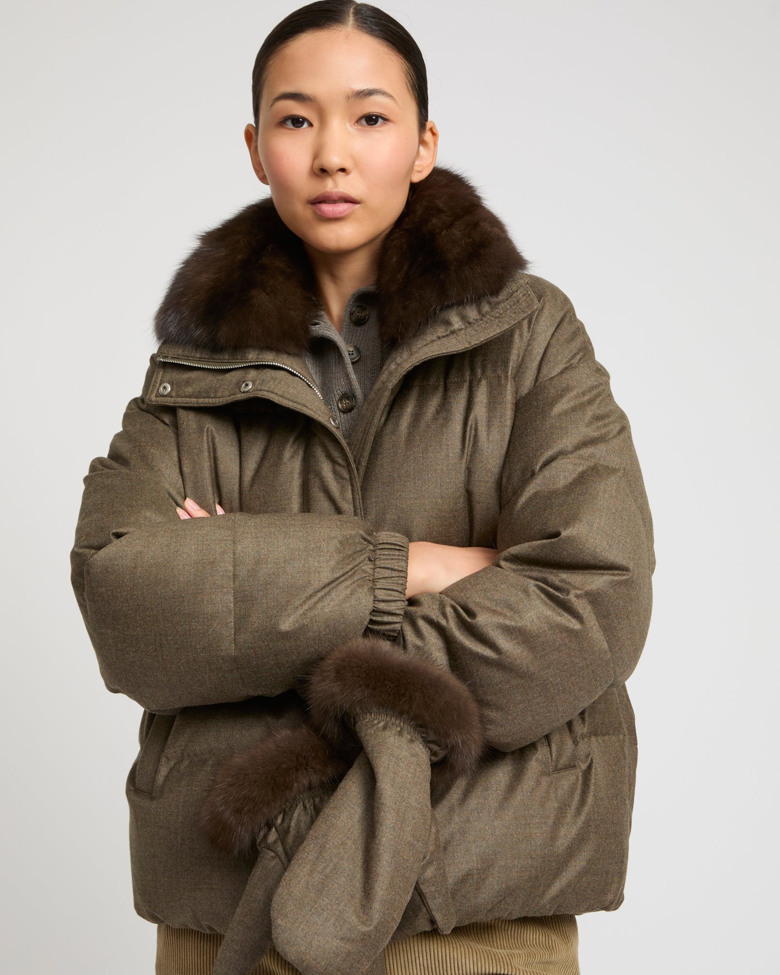 Short down jacket made with Loro Piana flannel and sable fur -Yves Salomon
