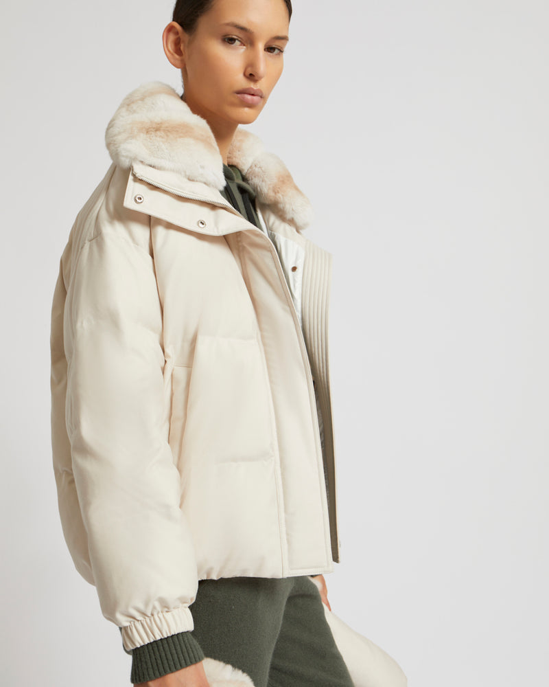 Short down jacket in waterproof flannel fabric with chinchilla fur