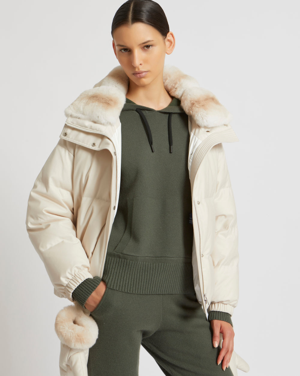 Short down jacket in waterproof flannel fabric with chinchilla fur white Yves Salomon Yves Salomon UK
