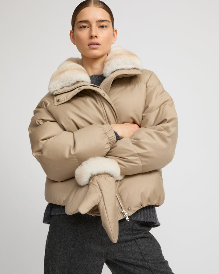 Short down jacket in waterproof flannel fabric with chinchilla fur