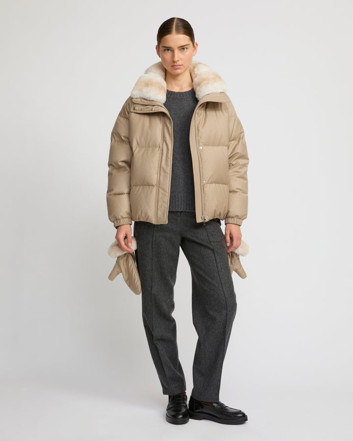 Short down jacket in waterproof flannel fabric with chinchilla fur