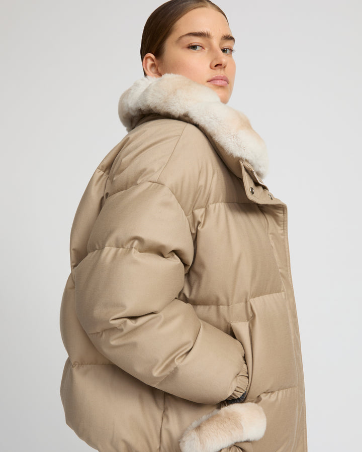 Short down jacket in waterproof flannel fabric with chinchilla fur