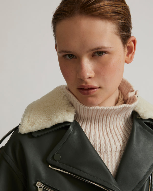 Oversized biker jacket in leather with merino shearling collar