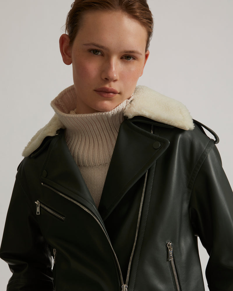 Oversized biker jacket in leather with merino shearling collar