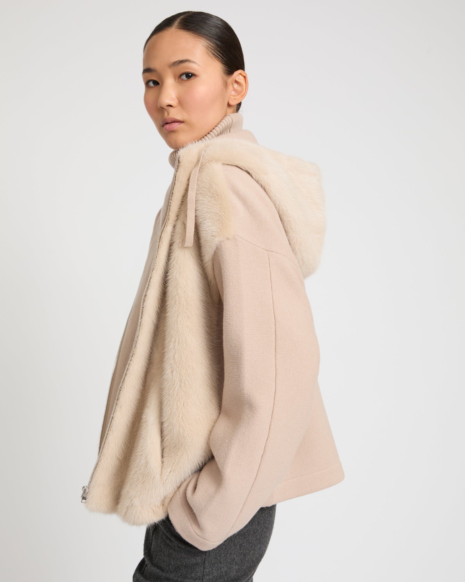 Reversible Hooded Jacket in Mink and Technical Fabric -Yves Salomon