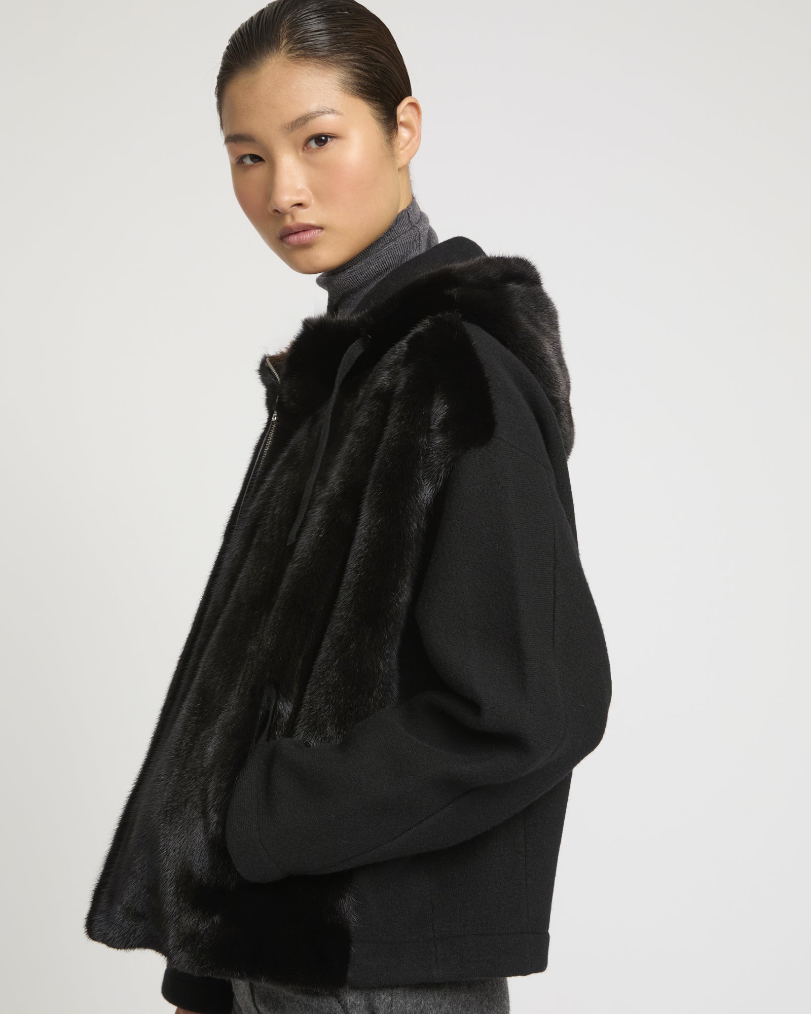 Reversible Hooded Jacket in Mink and Technical Fabric -Yves Salomon
