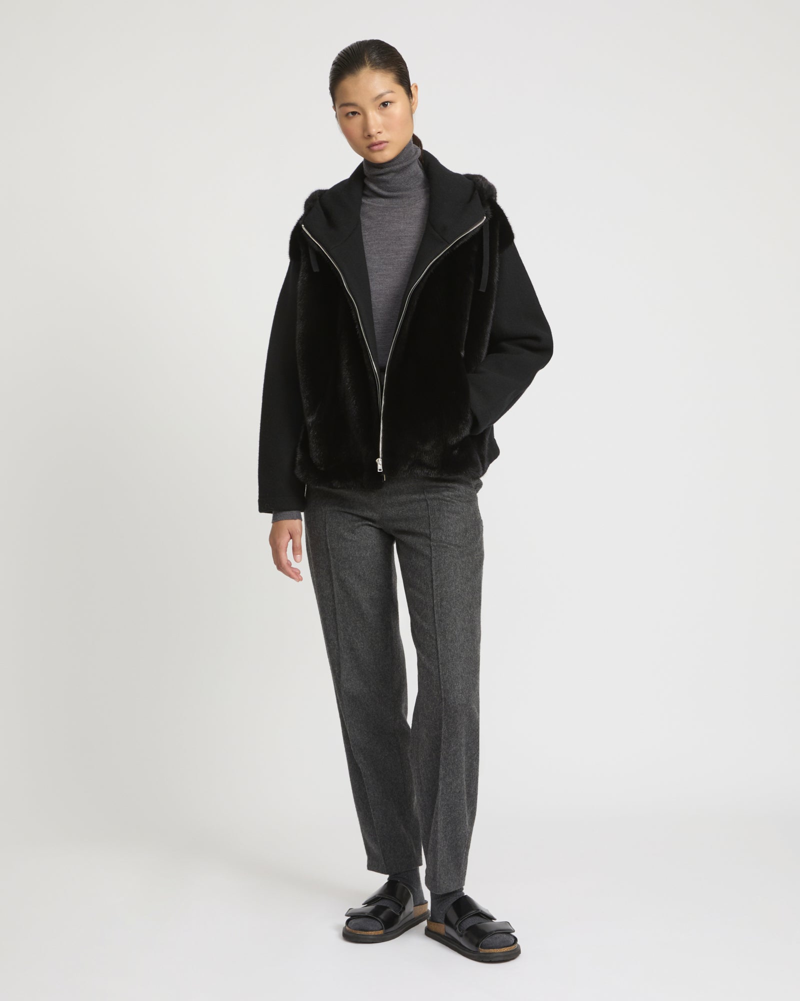 Reversible Hooded Jacket in Mink and Technical Fabric -Yves Salomon