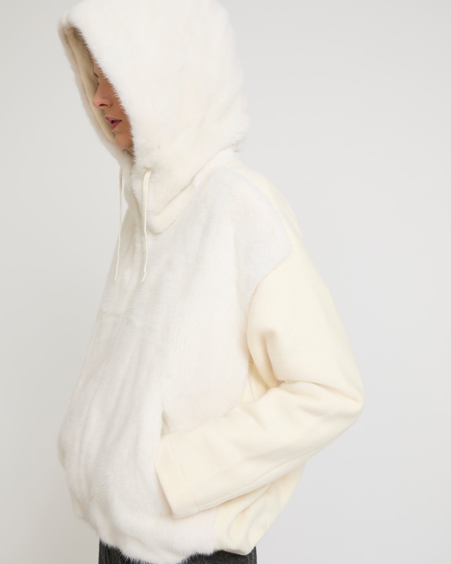 Hooded jacket in knit and mink fur