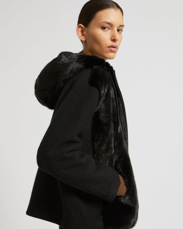 Hooded jacket in knit and mink fur