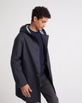 Hooded coat in double-sided cotton with leather details