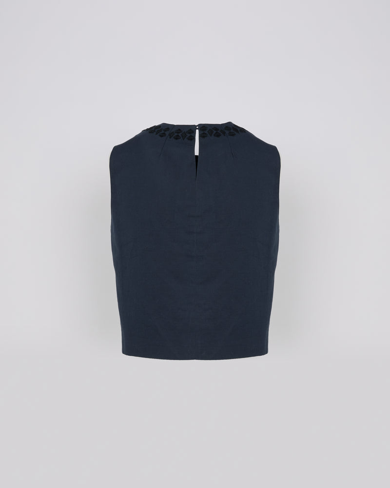 Sleeveless embroidered top in cotton-linen fabric