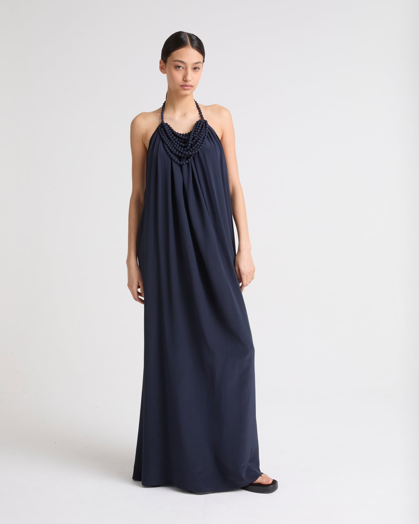 Necklace draped dress in light silk crepe - navy - Yves Salomon