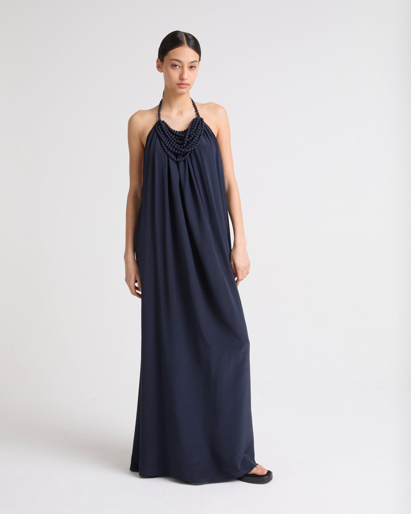 Necklace draped dress in light silk crepe - navy - Yves Salomon