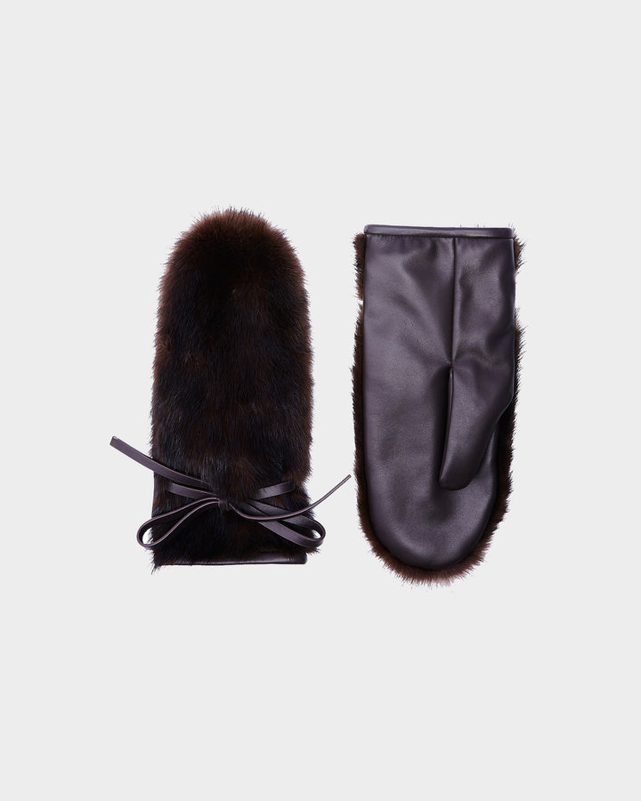 Mink fur and leather mittens