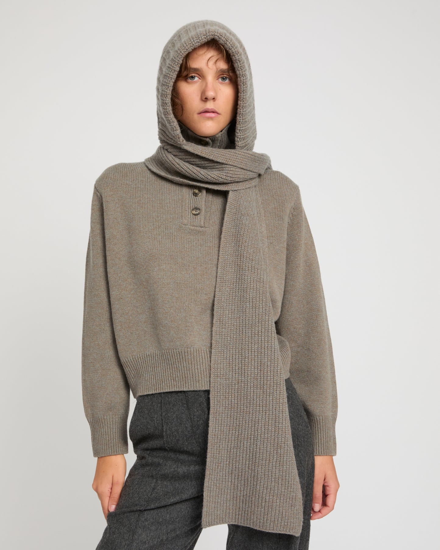 Cashmere and wool knit hooded scarf -Yves Salomon