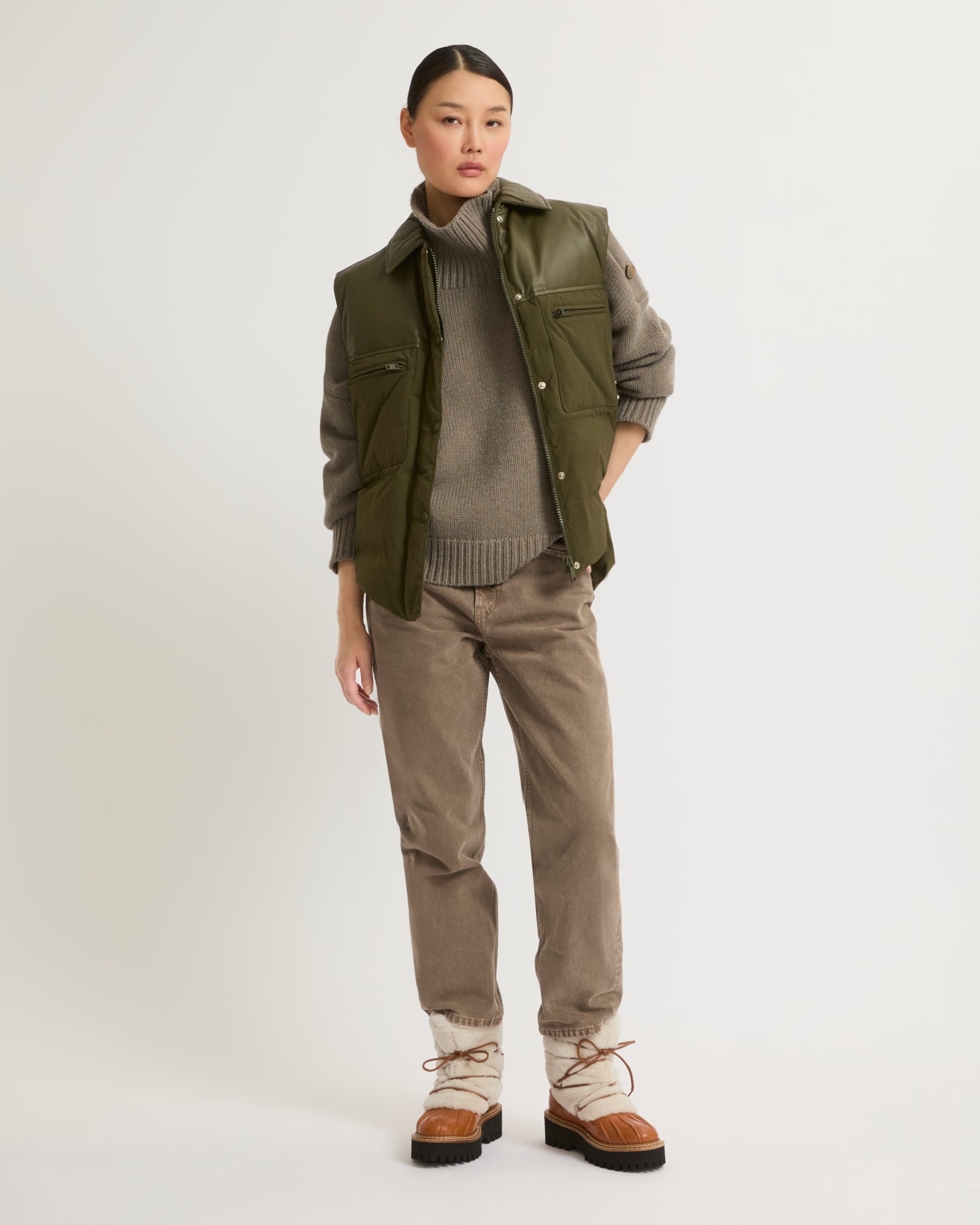 Black Friday 2025- Down gilet in leather and technical fabric blend-Yves Salomon-Winter sale & boxing day