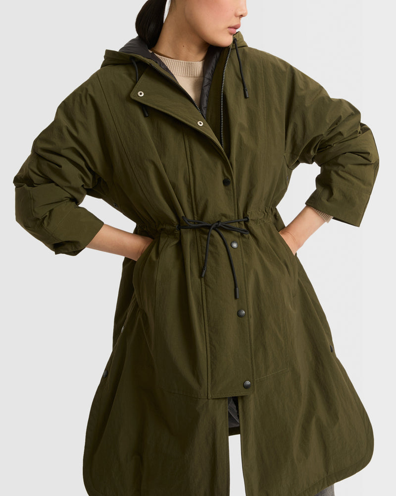 Cape-style coat in technical fabric
