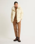 Stand collar down jacket with fluffy lambswool trim