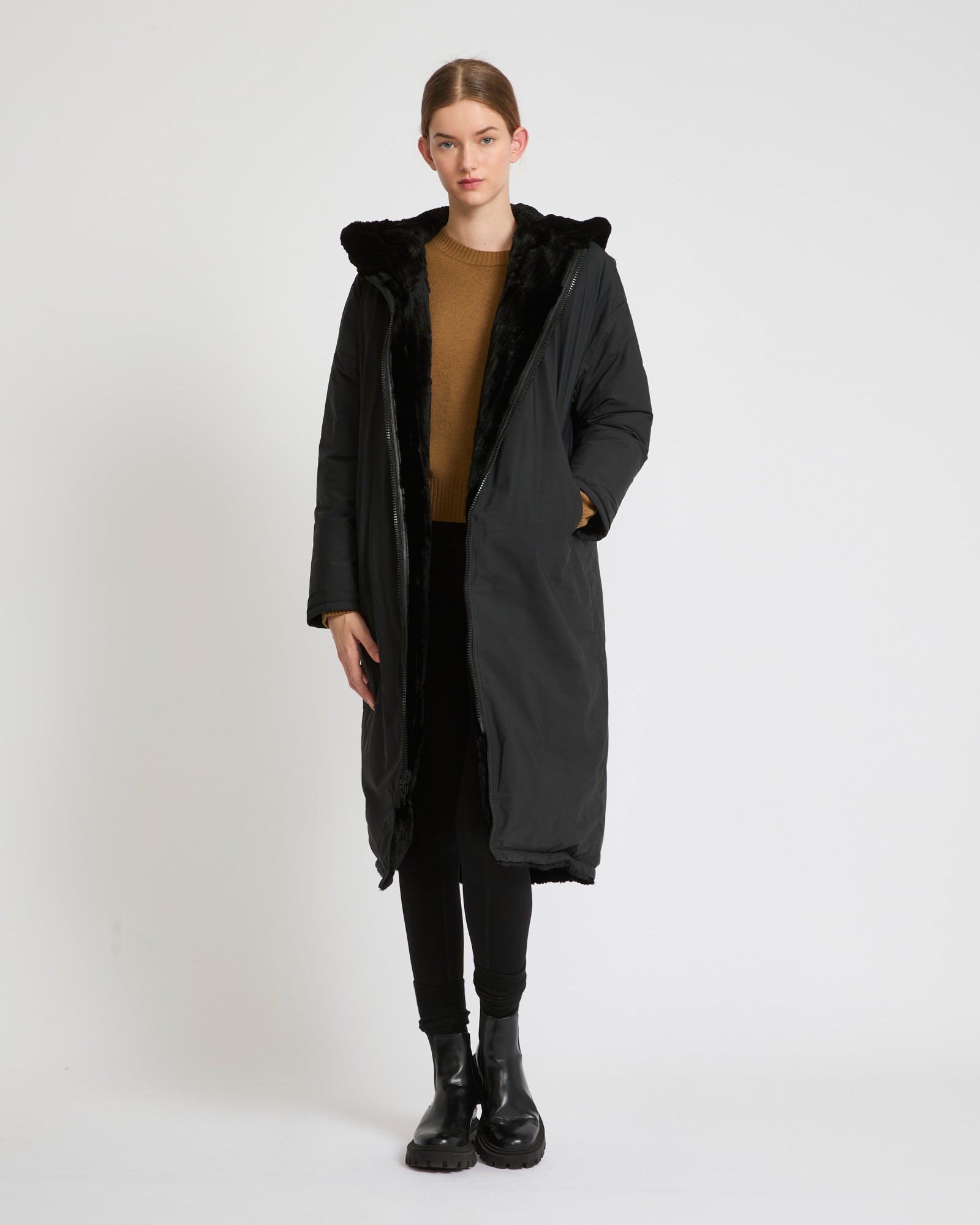 Long hooded down jacket in technical fabric reversible ribbed rex rabbit fur-Yves Salomon-Winter sale & boxing day