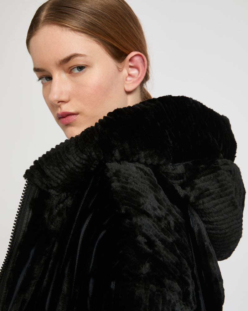 Long hooded down jacket in technical fabric reversible ribbed rex rabbit fur-Yves Salomon-Winter sale & boxing day