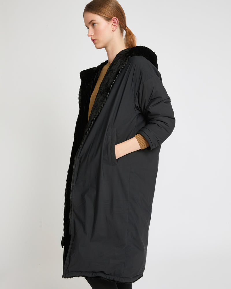 Long hooded down jacket in technical fabric reversible ribbed rex rabbit fur-Yves Salomon-Winter sale & boxing day