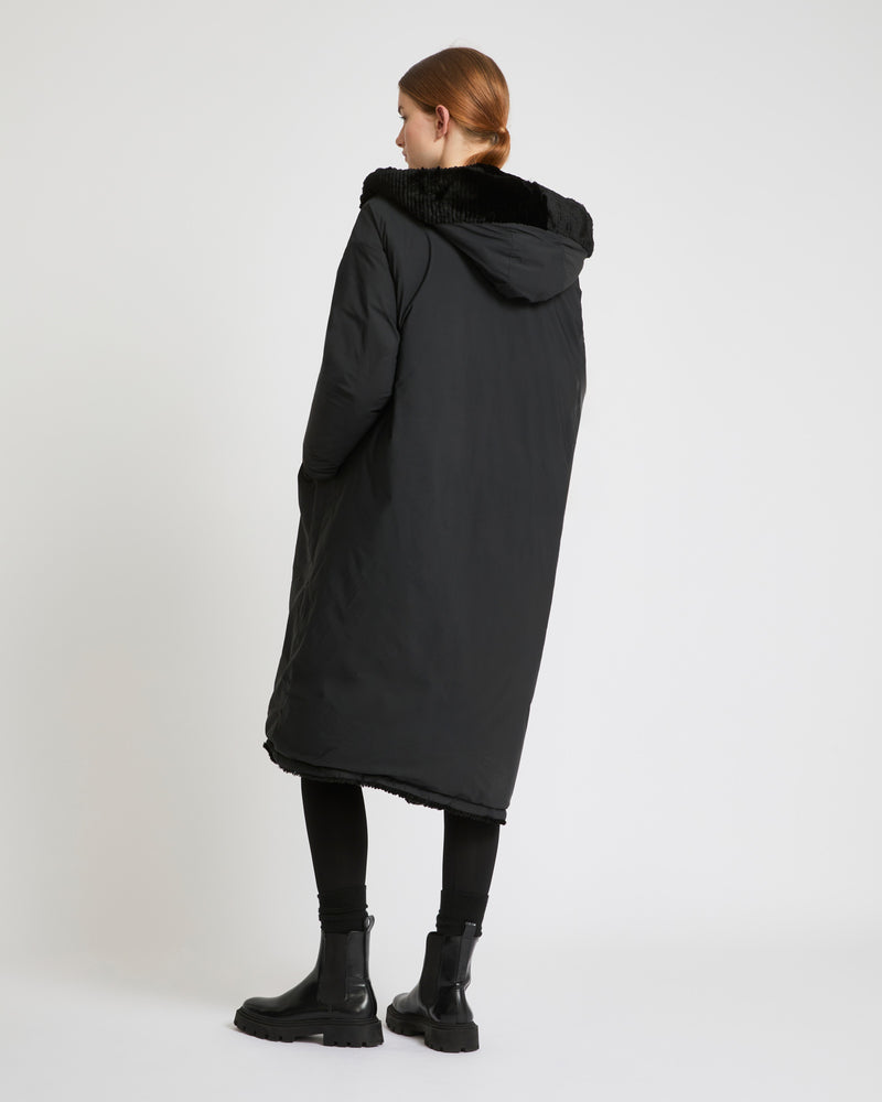 Long hooded down jacket in technical fabric reversible ribbed rex rabbit fur-Yves Salomon-Winter sale & boxing day