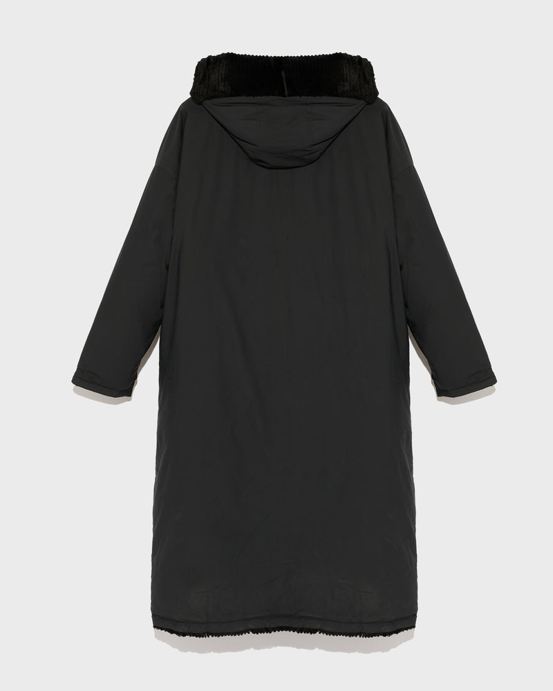 Long hooded down jacket in technical fabric reversible ribbed rex rabbit fur-Yves Salomon-Winter sale & boxing day