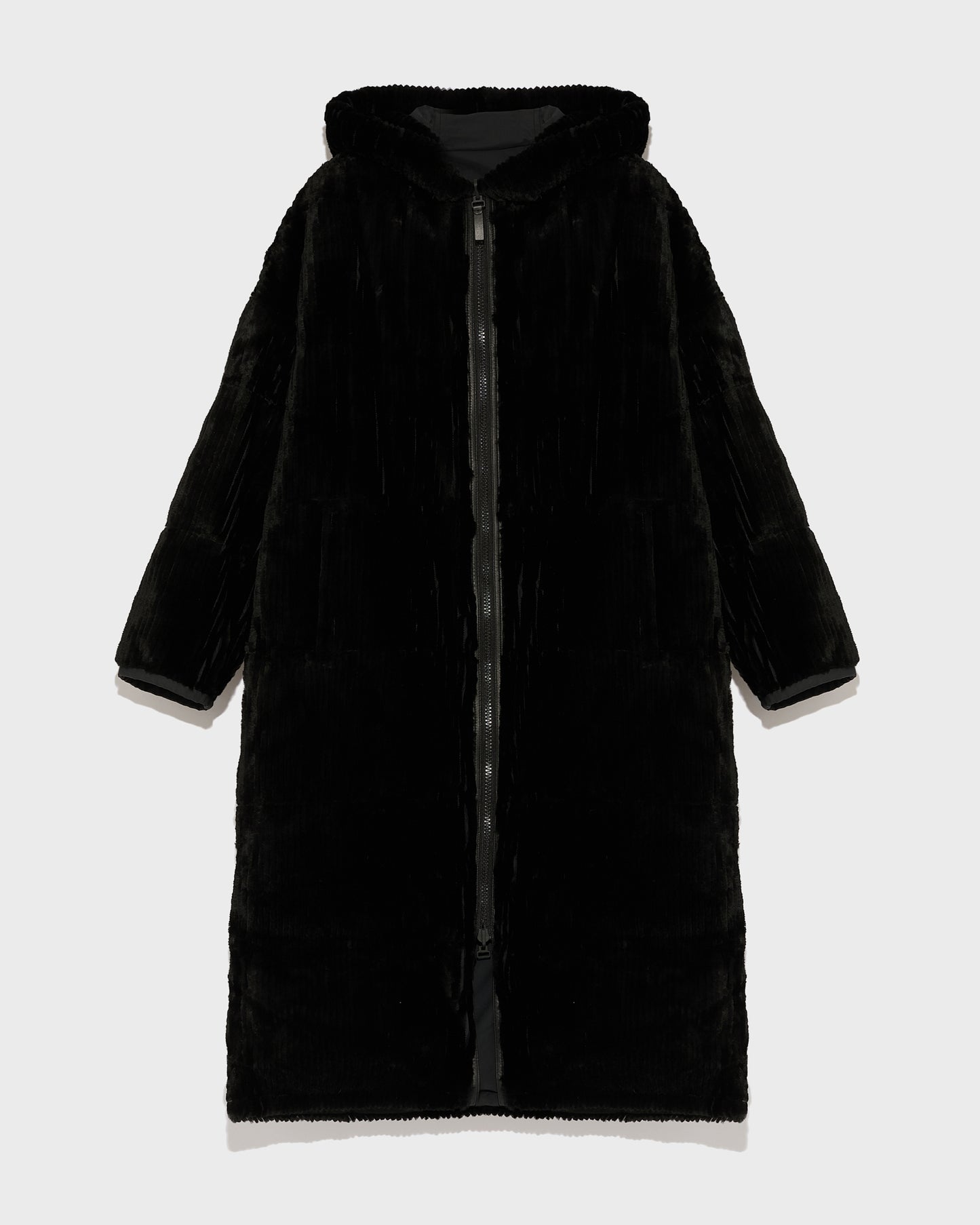 Long hooded down jacket in technical fabric reversible ribbed rex rabbit fur-Yves Salomon-Winter sale & boxing day