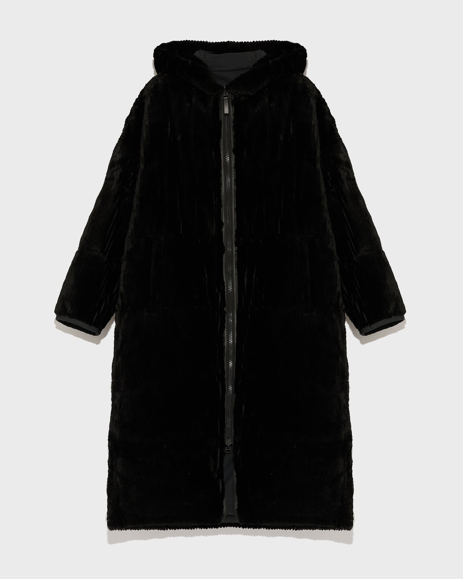 Long hooded down jacket in technical fabric reversible ribbed rex rabbit fur-Yves Salomon-Winter sale & boxing day