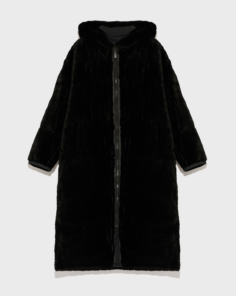 Long hooded down jacket in technical fabric reversible ribbed rex rabbit fur-Yves Salomon-Winter sale & boxing day