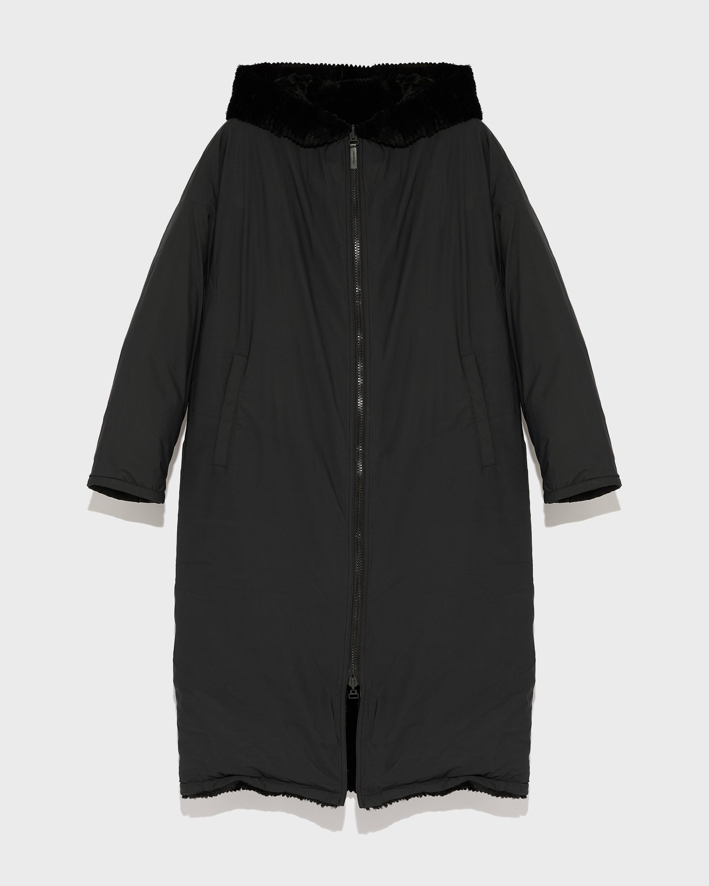 Long hooded down jacket in technical fabric reversible ribbed rex rabbit fur-Yves Salomon-Winter sale & boxing day