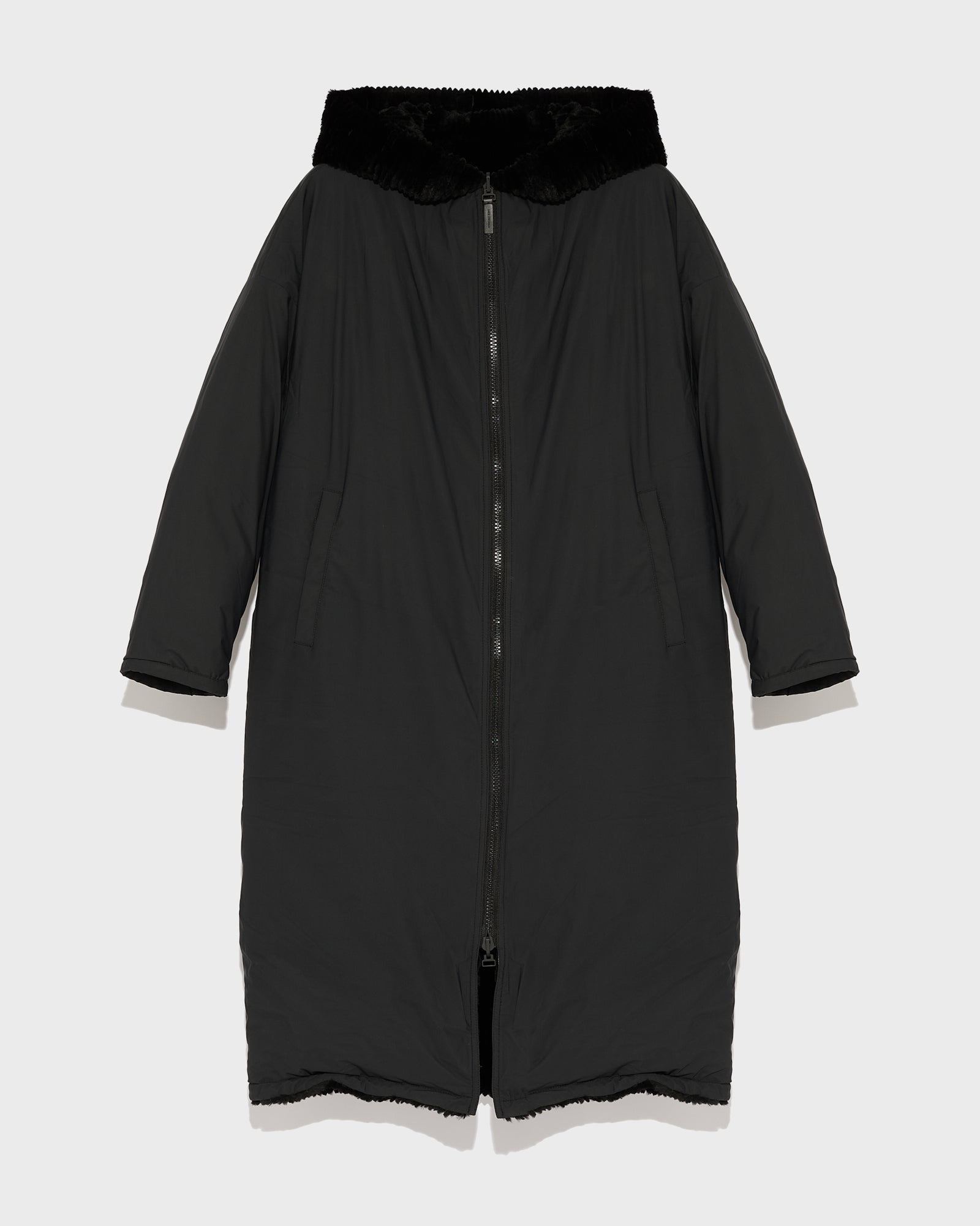 Long hooded down jacket in technical fabric reversible ribbed rex rabbit fur-Yves Salomon-Winter sale & boxing day