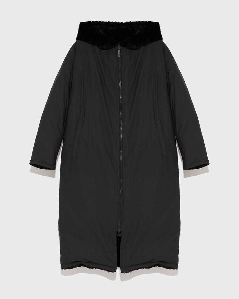 Long hooded down jacket in technical fabric reversible ribbed rex rabbit fur-Yves Salomon-Winter sale & boxing day