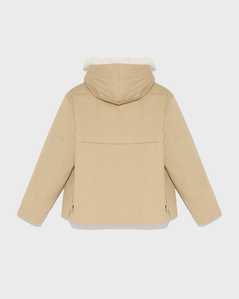 Short waterproof parka in cotton blend with fox and rabbit fur