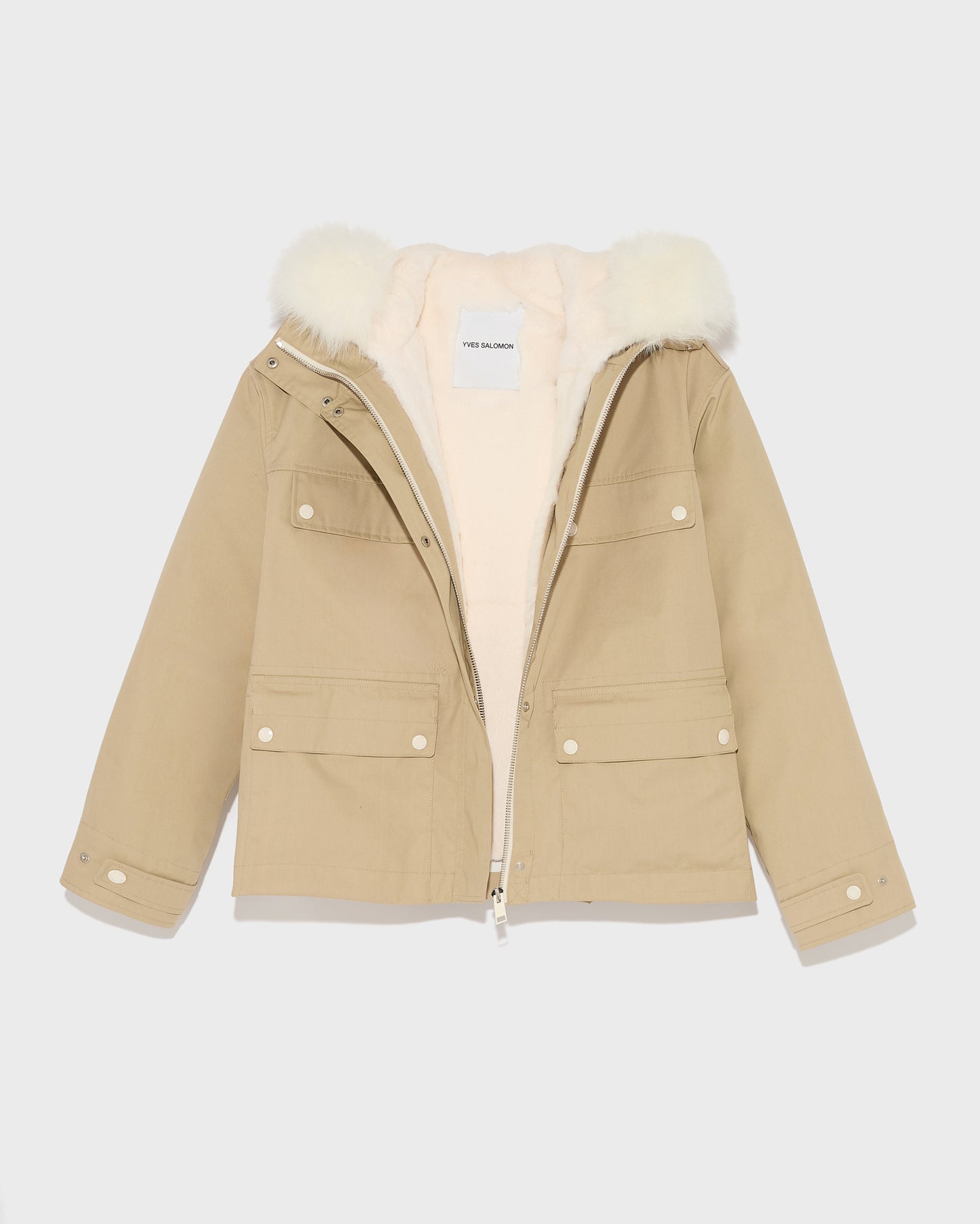 Short waterproof parka in cotton blend with fox and rabbit fur