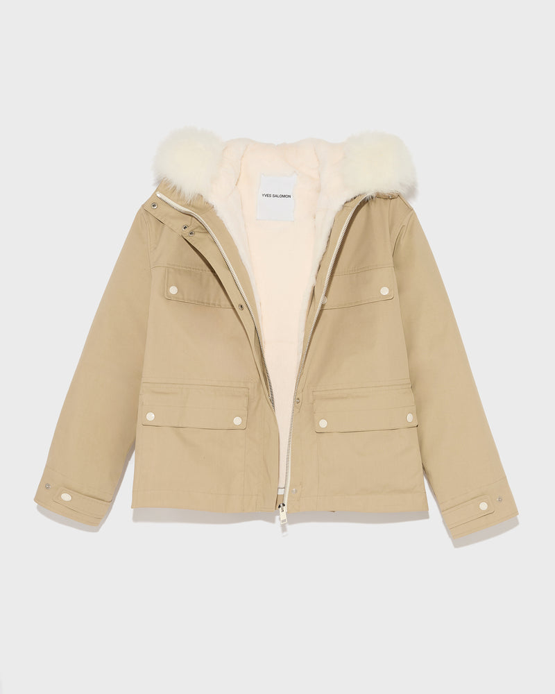 Short waterproof parka in cotton blend with fox and rabbit fur