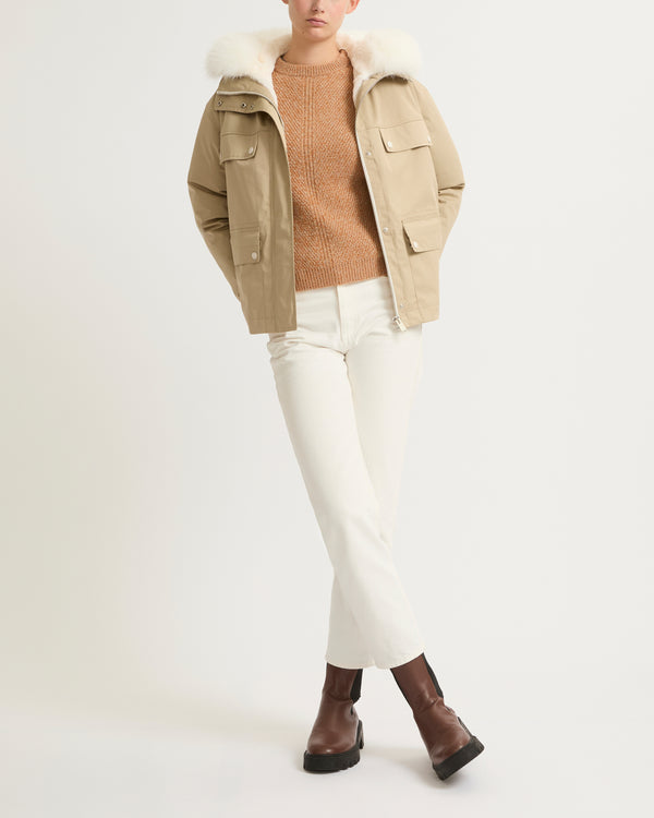 Short waterproof parka in cotton blend with fox and rabbit fur