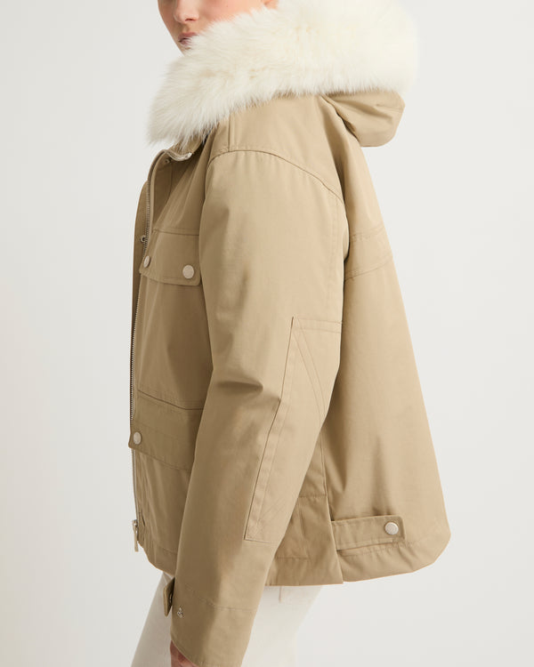 Short waterproof parka in cotton blend with fox and rabbit fur