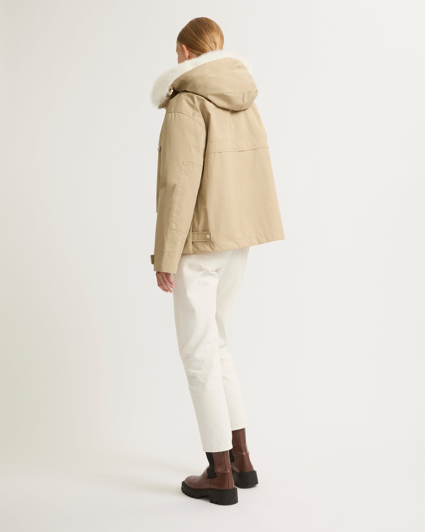 Short waterproof parka in cotton blend with fox and rabbit fur