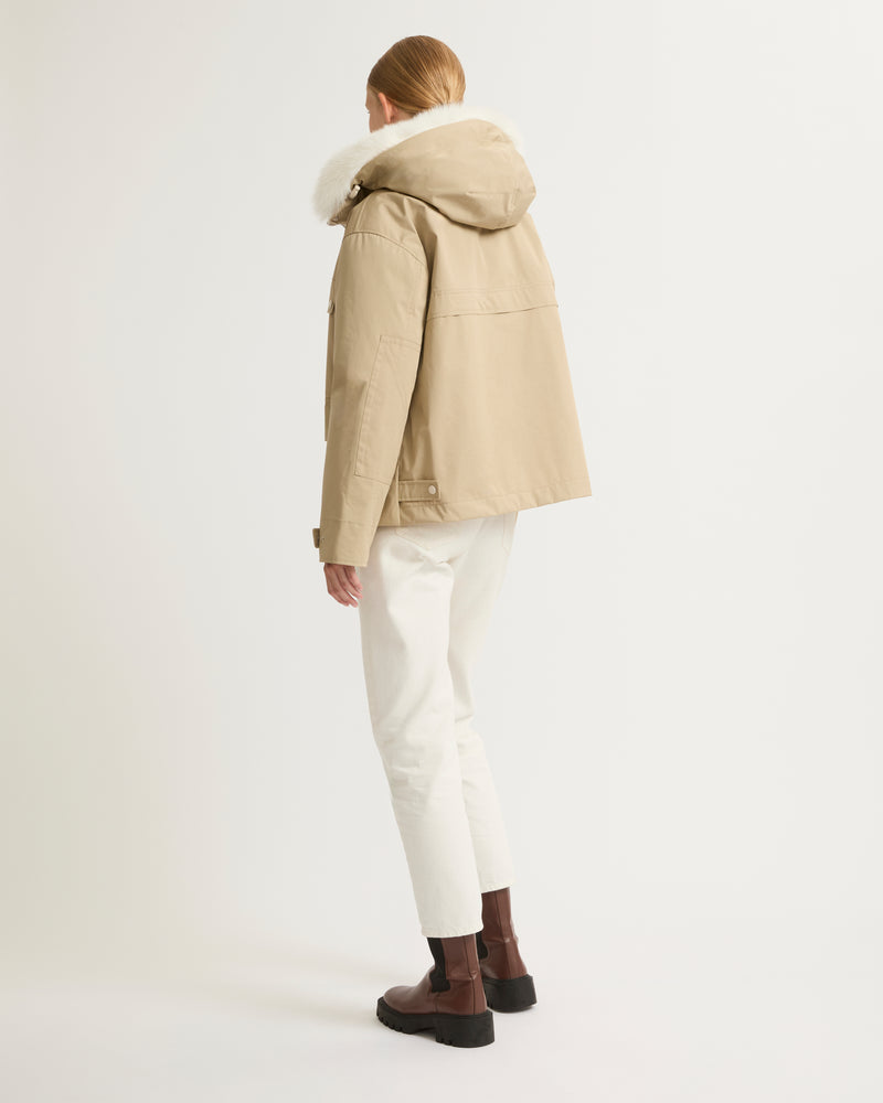 Short waterproof parka in cotton blend with fox and rabbit fur