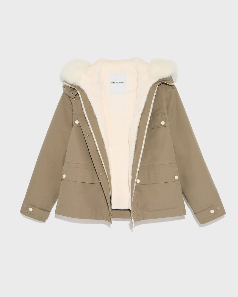 Short waterproof parka in cotton blend with fox and rabbit fur