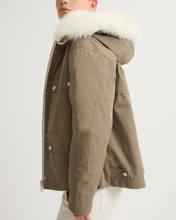 Short waterproof parka in cotton blend with fox and rabbit fur