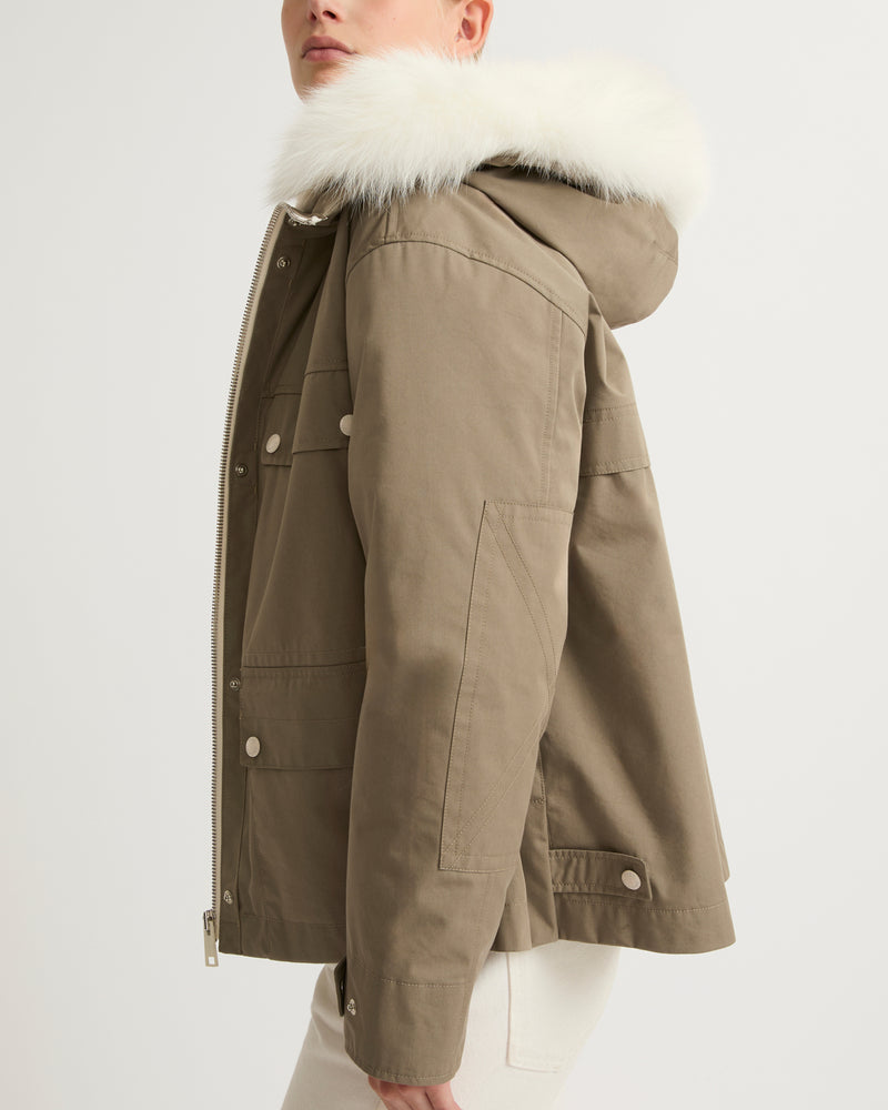 Short waterproof parka in cotton blend with fox and rabbit fur