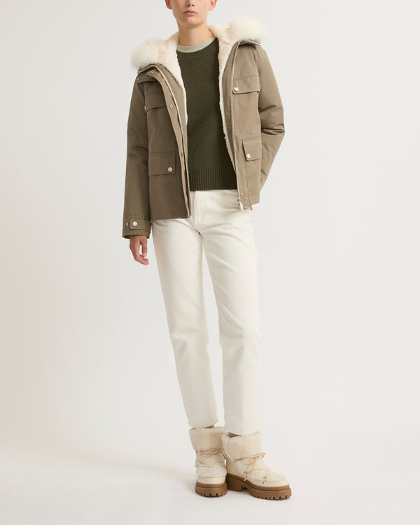Short waterproof parka in cotton blend with fox and rabbit fur