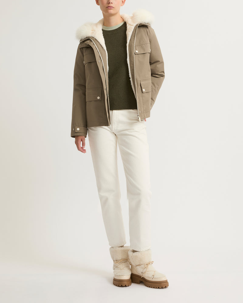 Short waterproof parka in cotton blend with fox and rabbit fur