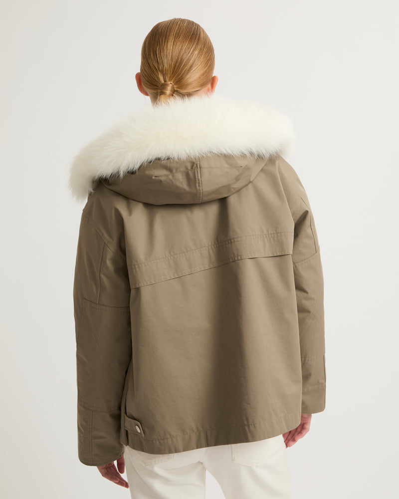 Short waterproof parka in cotton blend with fox and rabbit fur