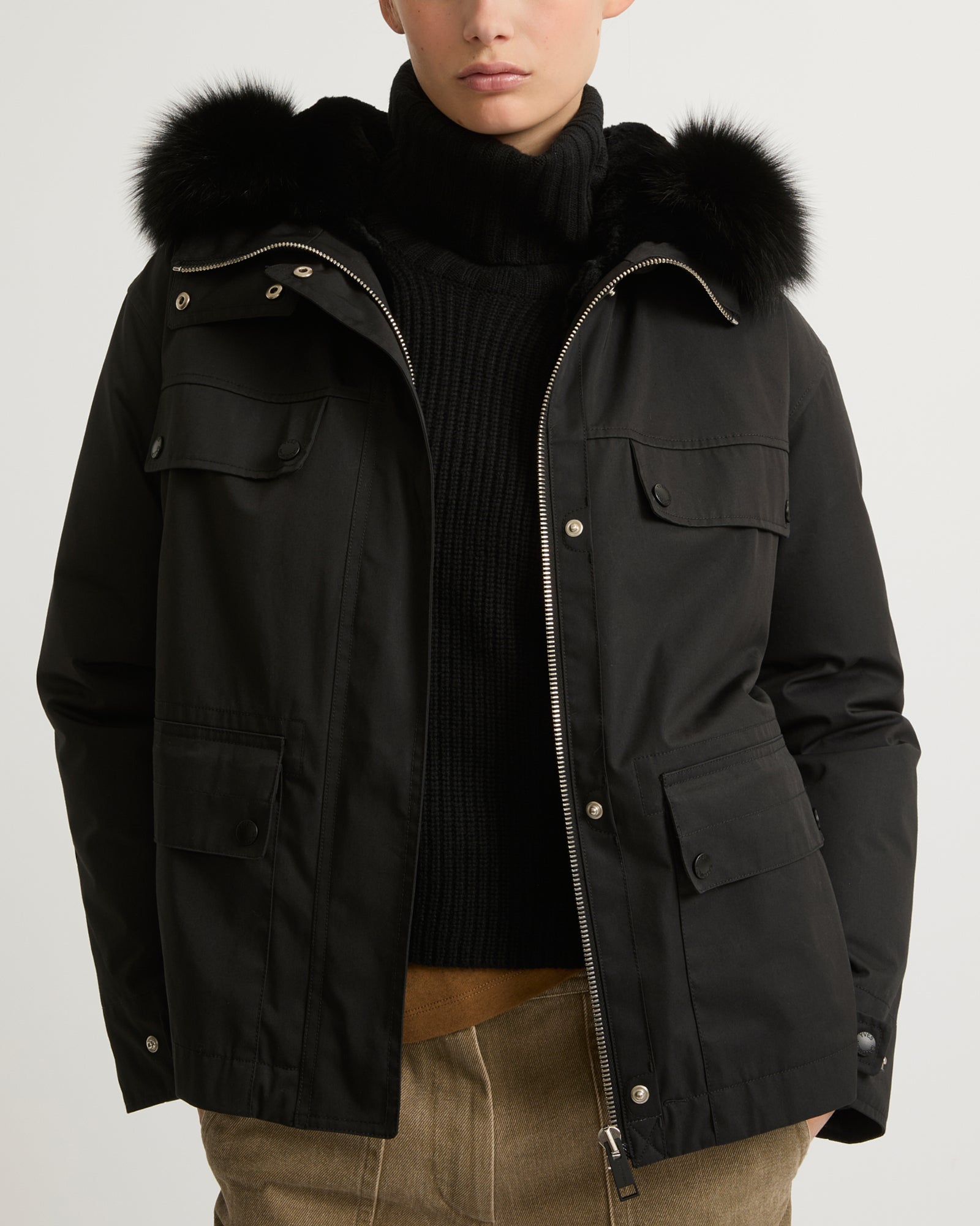 Short parka in cotton blend and fur - black - Yves Salomon – Yves