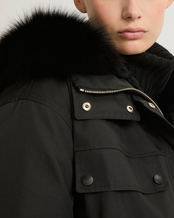 Short waterproof parka in cotton blend with fox and rabbit fur